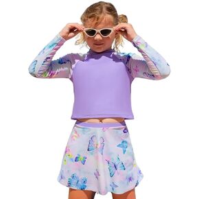 WDIRARA Girl's 3 Piece Butterfly Print Tankini Swimwear Set Boho Raglan Sleeve Bikini Sets Bathing Suit