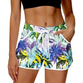 Deerose Women Summer Board Shorts Hawaiian Tropical Print Beach Swim Shorts with Pockets