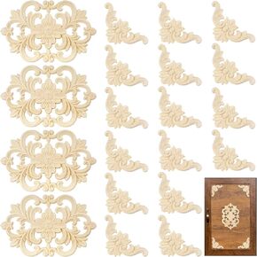 20 Pcs Wood Carved Appliques Onlays, Decorative Wood Flower Carved Decals for Furniture Doors, Unpainted DIY Carved Appliques for Cabinet Closet Decor, 8.7"x5.5" Center Decals & 3.1" Corner Pieces