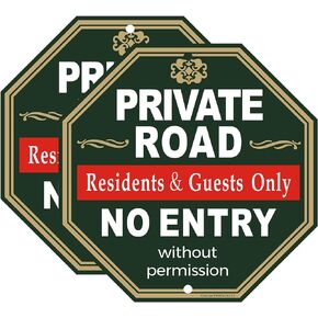 Clotide Private Road Residents & Guests Only No Entry Without Permission Sign, 2 Pack 12 "x12 " Aluminum Sign, UV Resistant, Scratch, Waterproof and Weatherproof