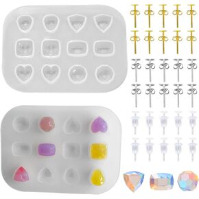 2Pcs Mini Gem Ear Stud Silicone Mold Faceted Gemstone Crystal Epoxy Mold with 15 Ear Stud Backs Heart Oval Square Round Crystal Stones 3D Diamond Gem Resin Casting Mold