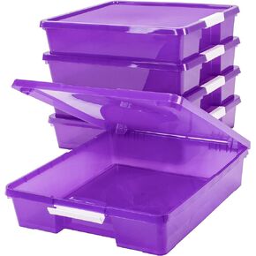 Storex Classroom Craft Project Box – Stacking Plastic Organizer Fits 12x12 Scrapbooking Paper, Purple, 5-Pack (63206U05C)