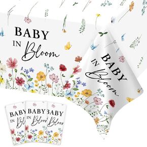 3 Pack Baby in Bloom Baby Shower Tablecloth Decorations, Wildflower Floral Large Size 54 x 108 Inch Rectangular Plastic Tablecloth Party Decor