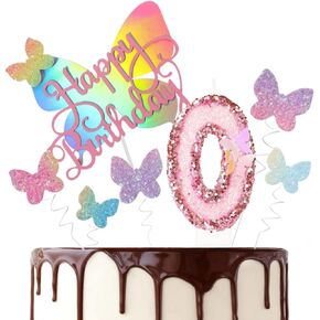 Birthday Candles, Number 0 Candle, Butterfly Birthday Decorations,Glitter Number Candles Pink Butterfly Birthday Candles Cake Topper with Sequins for Anniversary Celebrations Supplies