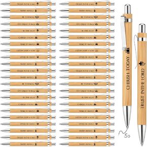 Roowest 50 Pcs Bible Verse Pens Wood Christian Ballpoint Pens Bulk Retractable Religious Bamboo Pens Inspirational Pens for Father's Day Church Gift Volunteer Pastor Office Supply(50 Pcs)