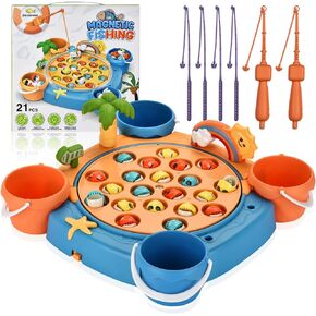 Magnetic Fishing Game Set - Fish Toys with 21 Fish and 6 Poles, Rotating Board and On-Off Music Switch - Fun Fishing Board Games for Kids and Toddlers Age 3 4 5 6 7 8 and Up