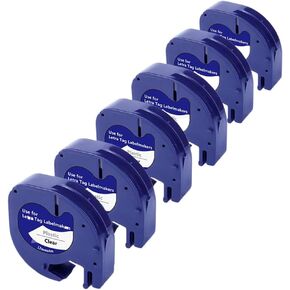 Bigger Compatible Label Tapes Replacement for Dymo LetraTag Refills, Plastic Tape 16952 Black on Clear Label Tape Used with DYMO LetraTag Plus LT-100H LT-100T, 1/2 Inch x 13 Feet, 12mm x 4m, 6 Pack