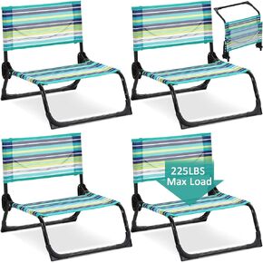 4 Pcs Lightweight Foldable Beach Chair for Adults Stable Low Beach Chair Sand Chair Portable Camping Chair for Outdoor Camping Beach Picnic Support 300lbs(Sky Blue, Striped Style)