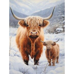 Highland Cow Mother and Baby 5D Full Round Drill Diamond Art Painting Kits by Number for Adults Beginner Diamond Art Painting Beads Art Crystal Embroidery Cross Stitch Craft Kits 30x40cm(61-c)