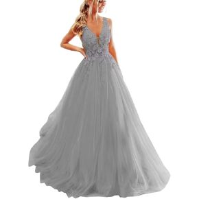 Tulle Lace Applique Prom Dresses for Women Ball Gown 2023 Long V Neck A Line Formal Evening Party Gowns