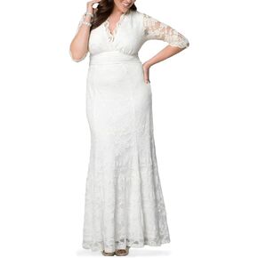 Kiyonna Women's Plus Size Amour Long Lace Wedding Gown, Bridal Dress with 3/4 Long Sleeves in Ivory Vintage-Inspired Lace