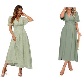 فستان Simplee نسائي بوهو مزهّر برقبة على شكل V وأكمام قصيرة فستان رسمي طويل مكشكش صيفي طويل من الدانتيل لوصيفة العروس وحفلات الزفاف والسهرات in Kuwait