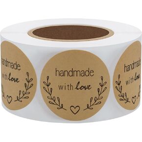 Hybsk Kraft Olive Branch Handmade with Love Stickers 1.5 inch Round Total 500 Labels on a Roll (Kraft)