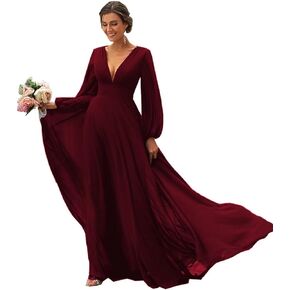 Women's Long Sleeves Bridesmaid Dresses V-Neck Chiffon A Line Formal Dress Evening Gowns with Train