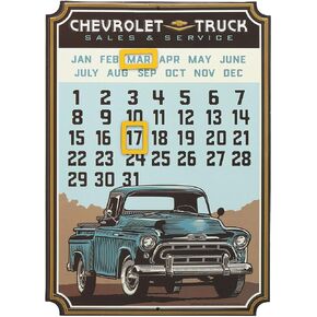 Chevrolet Truck Calendar - Vintage Embossed Metal Chevy Sign With Magnets For Garage, Shop or Man Cave Blue