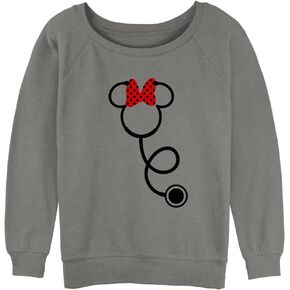 Disney Women's Mouse Minnie Stethoscope Junior's Raglan Pullover with Coverstitch