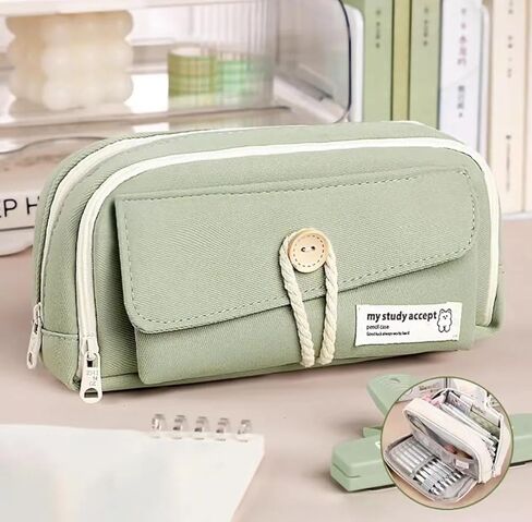 حقيبة أقلام قماش كاواي بسعة كبيرة وتنظيم متعدد الطبقات (أخضر) in Kuwait
