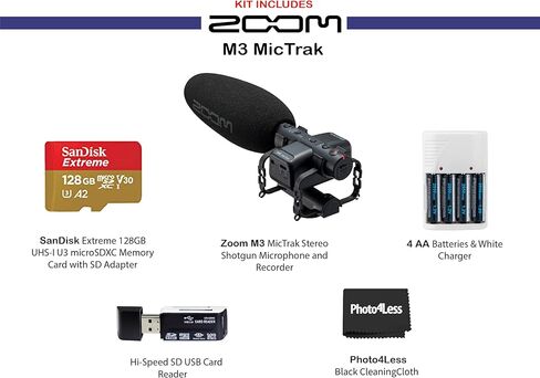 ميكروفون ومسجل ستيريو MicTrak Zoom M3 مزود ببطاقة microSD سعة 128 جيجابايت، وقارئ بطاقة SD عالي السرعة، و4 بطاريات AA وشاحن، وقطعة قماش للتنظيف in Kuwait