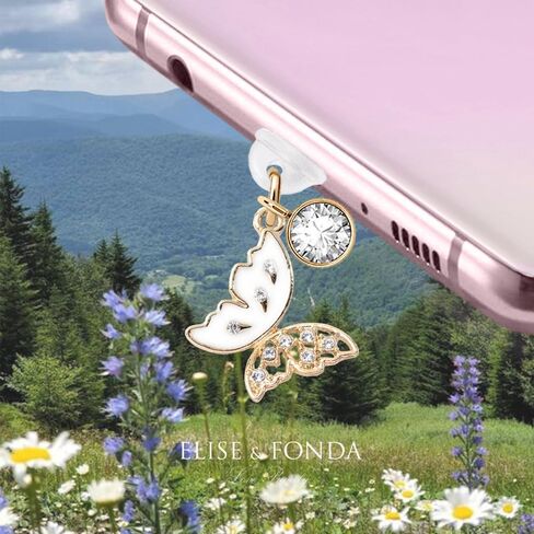 ELISE & FONDA TP329 Type-C USB منفذ شحن مضاد للغبار قابس كريستال الفراشة للهاتف الخلوي لهواتف Samsung/Huawei/OnePlus/Xiaomi/oppo Android (أبيض) in Saudi Arabia