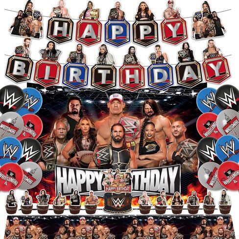 44 قطعة من لوازم حفلات المصارعة، تتضمن ديكورات حفلات أعياد الميلاد المصارعة 16 بالونة لاتكس، 1 قطعة علوية للكعك، 24 قطعة علوية للكب كيك، 1 لافتة، 1 خلفية عيد ميلاد سعيد، 1 مفرش طاولة in Kuwait