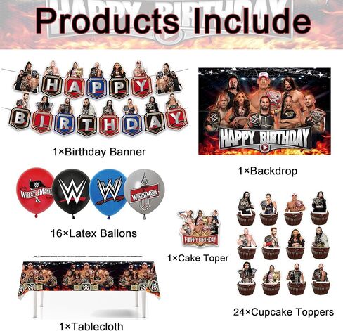 44 قطعة من لوازم حفلات المصارعة، تتضمن ديكورات حفلات أعياد الميلاد المصارعة 16 بالونة لاتكس، 1 قطعة علوية للكعك، 24 قطعة علوية للكب كيك، 1 لافتة، 1 خلفية عيد ميلاد سعيد، 1 مفرش طاولة in Kuwait