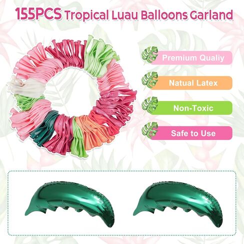 amandir 155pcs البالونات الاستوائية لوا قوس مجموعة جارلاند، الوردي الساخن ارتفع الذهب الأخضر قصاصات الورق بالونات اللاتكس مع أوراق النخيل لهاواي الاستوائية ألوها فلامنغو زينة الحفلات عيد ميلاد لوازم الزفاف in Kuwait