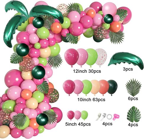 amandir 155pcs البالونات الاستوائية لوا قوس مجموعة جارلاند، الوردي الساخن ارتفع الذهب الأخضر قصاصات الورق بالونات اللاتكس مع أوراق النخيل لهاواي الاستوائية ألوها فلامنغو زينة الحفلات عيد ميلاد لوازم الزفاف in Kuwait