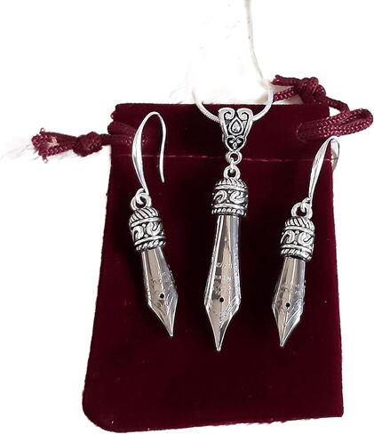 Set of Pen nib Earrings and Necklace with Silver 925 ear wires in Gold or Silver color in a Velvet pouch as a gift for writer, calligrapher (Gold) in Kuwait