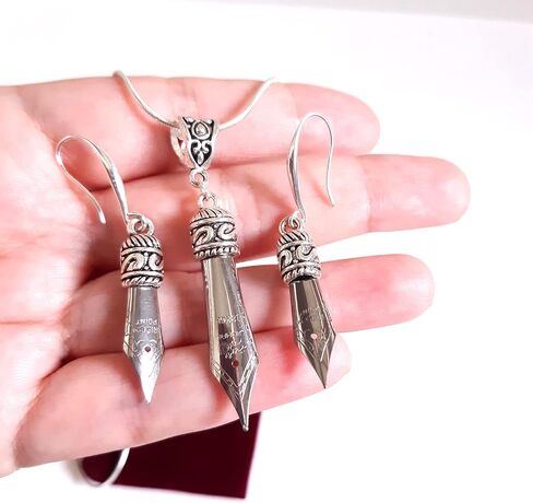 Set of Pen nib Earrings and Necklace with Silver 925 ear wires in Gold or Silver color in a Velvet pouch as a gift for writer, calligrapher (Gold) in Kuwait