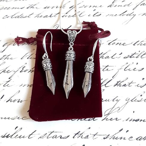 Set of Pen nib Earrings and Necklace with Silver 925 ear wires in Gold or Silver color in a Velvet pouch as a gift for writer, calligrapher (Gold) in Kuwait