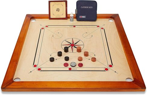 مجموعة لوحة لعب Carrom المميزة - لوحة لعب بالحجم الرسمي مقاس 33 × 33 بوصة، بما في ذلك رجال Carrom والمهاجم والمسحوق - حواف من الخشب الصلب لتحسين الارتداد - صنع في الهند - قيمة رائعة لجميع اللاعبين in Kuwait