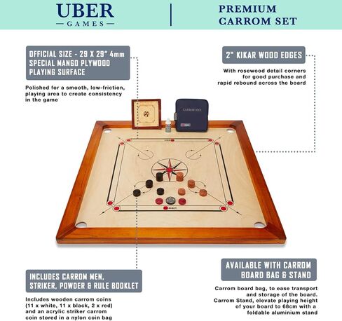 مجموعة لوحة لعب Carrom المميزة - لوحة لعب بالحجم الرسمي مقاس 33 × 33 بوصة، بما في ذلك رجال Carrom والمهاجم والمسحوق - حواف من الخشب الصلب لتحسين الارتداد - صنع في الهند - قيمة رائعة لجميع اللاعبين in Kuwait