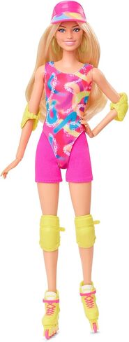 Barbie The Movie Margot Robbie - Skating Doll with Neon Outfit, Retro Gymnastics Suit, Pink Biker Shorts, Sun Shield, Neon Green Hoop Earrings, Skating Equipment, Impala Inline Skates, HRB04 in Saudi Arabia