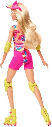 Barbie The Movie Margot Robbie - Skating Doll with Neon Outfit, Retro Gymnastics Suit, Pink Biker Shorts, Sun Shield, Neon Green Hoop Earrings, Skating Equipment, Impala Inline Skates, HRB04 in Saudi Arabia