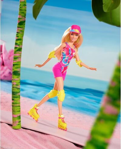 Barbie The Movie Margot Robbie - Skating Doll with Neon Outfit, Retro Gymnastics Suit, Pink Biker Shorts, Sun Shield, Neon Green Hoop Earrings, Skating Equipment, Impala Inline Skates, HRB04 in Saudi Arabia