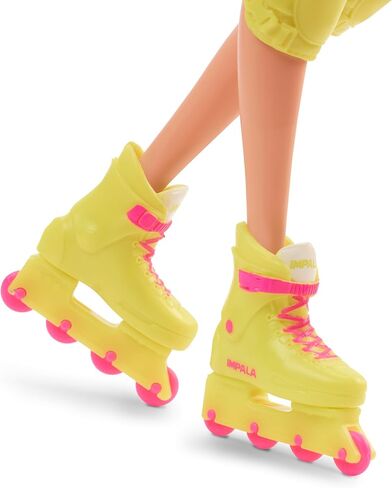 Barbie The Movie Margot Robbie - Skating Doll with Neon Outfit, Retro Gymnastics Suit, Pink Biker Shorts, Sun Shield, Neon Green Hoop Earrings, Skating Equipment, Impala Inline Skates, HRB04 in Saudi Arabia