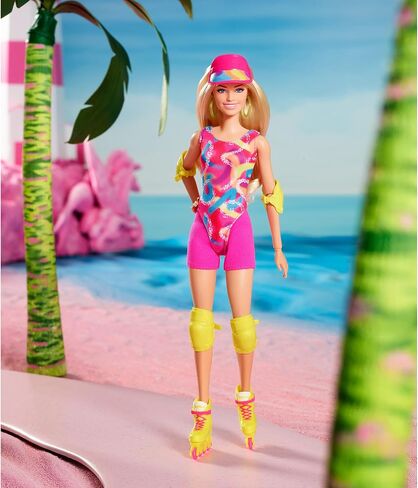 Barbie The Movie Margot Robbie - Skating Doll with Neon Outfit, Retro Gymnastics Suit, Pink Biker Shorts, Sun Shield, Neon Green Hoop Earrings, Skating Equipment, Impala Inline Skates, HRB04 in Saudi Arabia