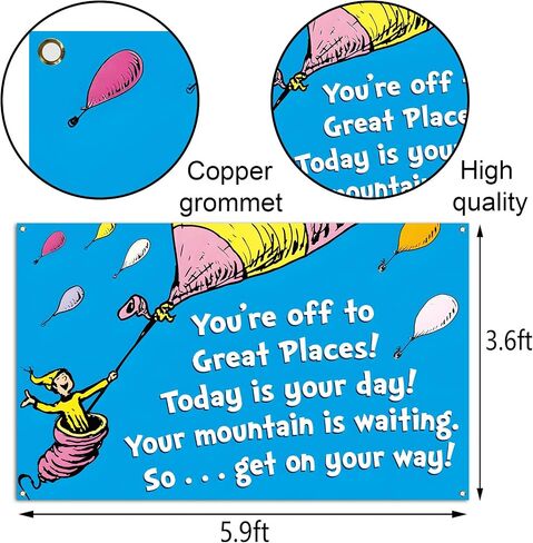 Sunwer Oh The Places You'll Go Photo Booth Backdrop Dr. Seuss Graduation Travel Theme Party Decor Wall Hanging Background Decoration Supply (5.9×3.6ft) in Saudi Arabia
