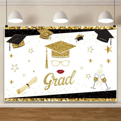 Laeacco 5x3ft Congrats Grad Backdrop for Women Girls Black Gold Bachelor Cap Diploma Sequin Dots White Photography Background Graduation Ceremony Prom Party Cake Table Decor Photo Studio Props in Saudi Arabia