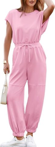 Simplee Women's Short Sleeve Casual Jumpsuit Loose Fit Open Back Summer Onesie Atheletic Jumpsuit with Pockets in Kuwait