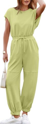 Simplee Women's Short Sleeve Casual Jumpsuit Loose Fit Open Back Summer Onesie Atheletic Jumpsuit with Pockets in Kuwait