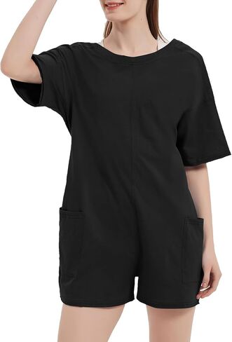 Flygo Women's Romper Short Sleeve Tee Rompers Crewneck Jumpsuit Back V Neck Casual Hot Shot One Piece Outfits with Pockets in Saudi Arabia