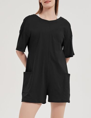Flygo Women's Romper Short Sleeve Tee Rompers Crewneck Jumpsuit Back V Neck Casual Hot Shot One Piece Outfits with Pockets in Saudi Arabia