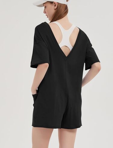 Flygo Women's Romper Short Sleeve Tee Rompers Crewneck Jumpsuit Back V Neck Casual Hot Shot One Piece Outfits with Pockets in Saudi Arabia
