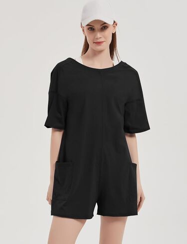 Flygo Women's Romper Short Sleeve Tee Rompers Crewneck Jumpsuit Back V Neck Casual Hot Shot One Piece Outfits with Pockets in Saudi Arabia