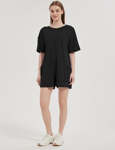 Flygo Women's Romper Short Sleeve Tee Rompers Crewneck Jumpsuit Back V Neck Casual Hot Shot One Piece Outfits with Pockets in Saudi Arabia