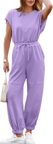 Simplee Women's Short Sleeve Casual Jumpsuit Loose Fit Open Back Summer Onesie Atheletic Jumpsuit with Pockets in Kuwait