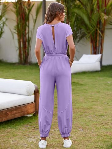 Simplee Women's Short Sleeve Casual Jumpsuit Loose Fit Open Back Summer Onesie Atheletic Jumpsuit with Pockets in Kuwait