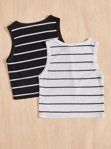 Milumia Girl's 2 Pack Letter Graphic مضلع متماسكة بلا أكمام جولة الرقبة المحاصيل الأعلى مخطط أسود أبيض 11Y in Saudi Arabia