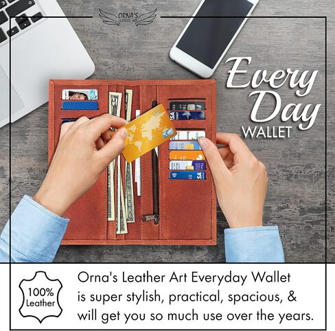 ORNA'S LEATHER ART GOLDFINCH COGNAC WALLET: Women’s Brown Billfold, Stylish, Handcrafted, Real Cowhide, Spacious, 18 Card Holders, 6 Money Pockets, in Saudi Arabia